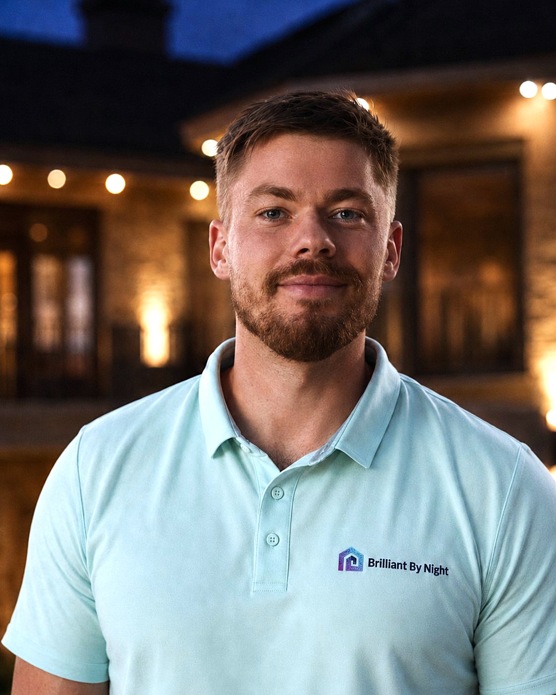 Eli Ziegler, founder of Brilliant by Night, in a branded polo in front of a lit home