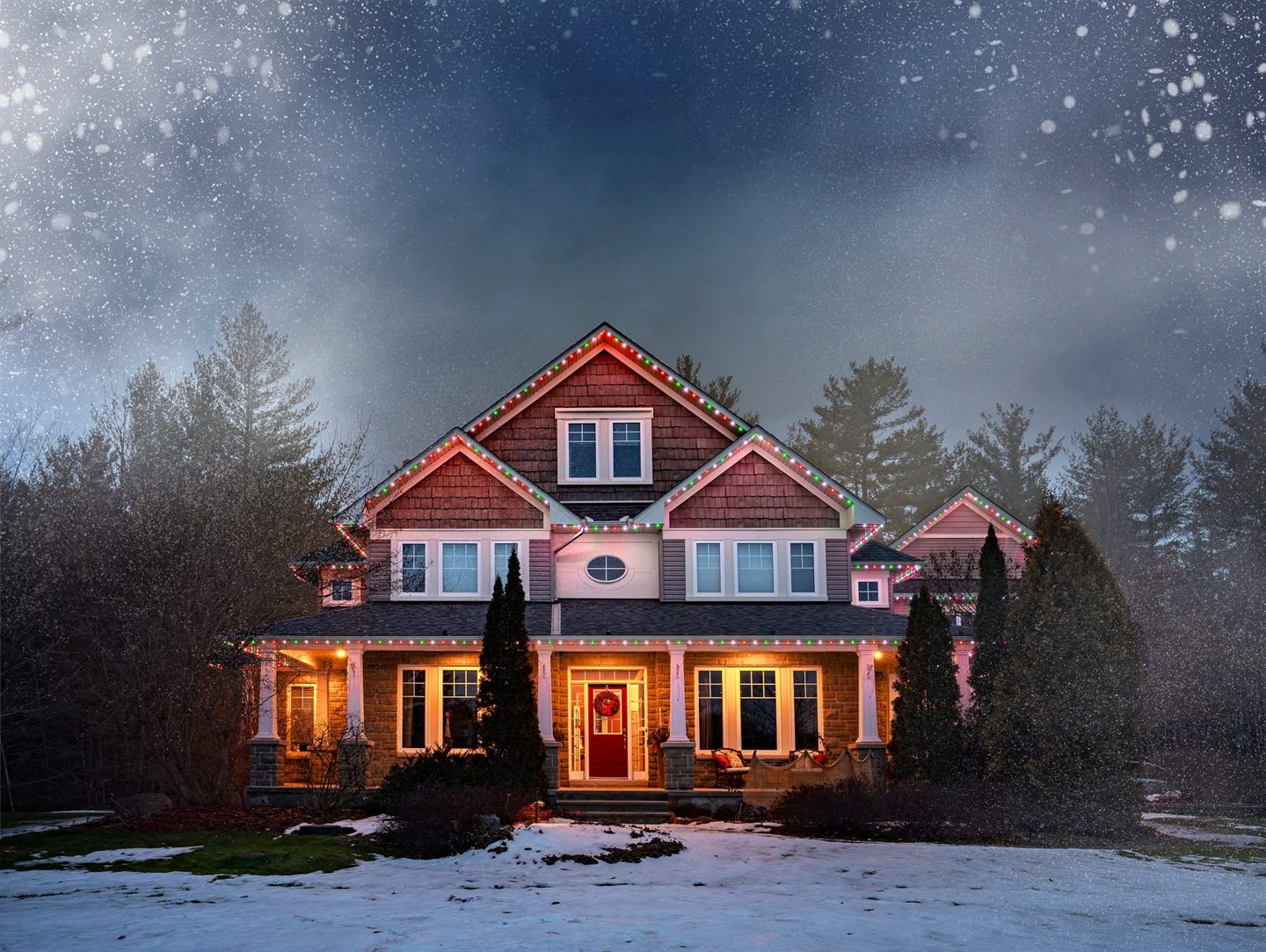 The same style of permanent lights set to red and green for the holidays