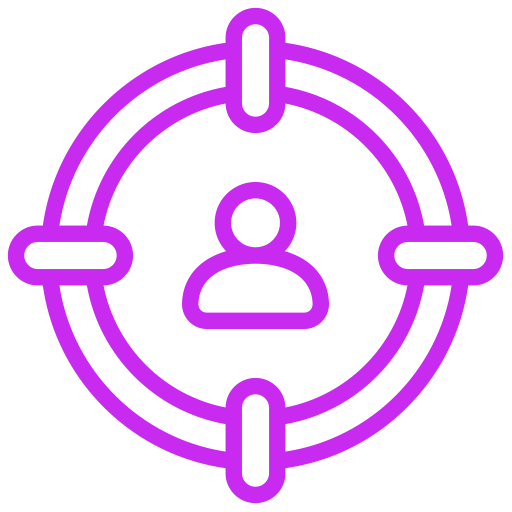 Purple outlined icon of person inside a crosshair symbol for targeting