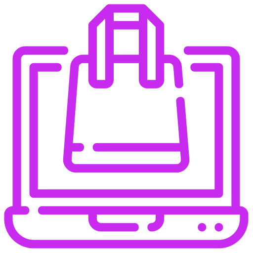 Purple icon of a shopping bag on a laptop