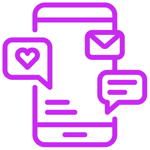 Purple Icon of a smartphone displaying heart, message, and email chat bubbles