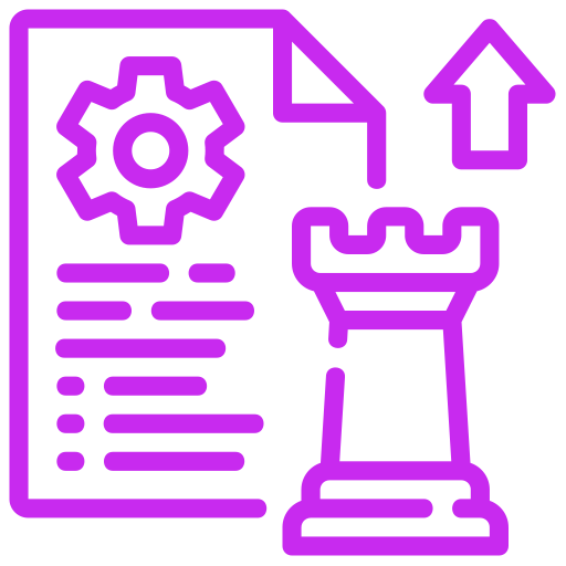 Purple strategy icon with gear doc, arrow, and chess rook symbol